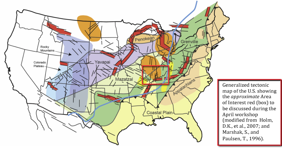 Generalized tectonic map of the U.S. showing the approximate area of interest