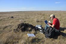 Installing an MT-TA station (NDD28) near New Johns Lake, North Dakota, on October 19, 2017. (Image courtesy of Fred Anderson, North Dakota Geological Survey)